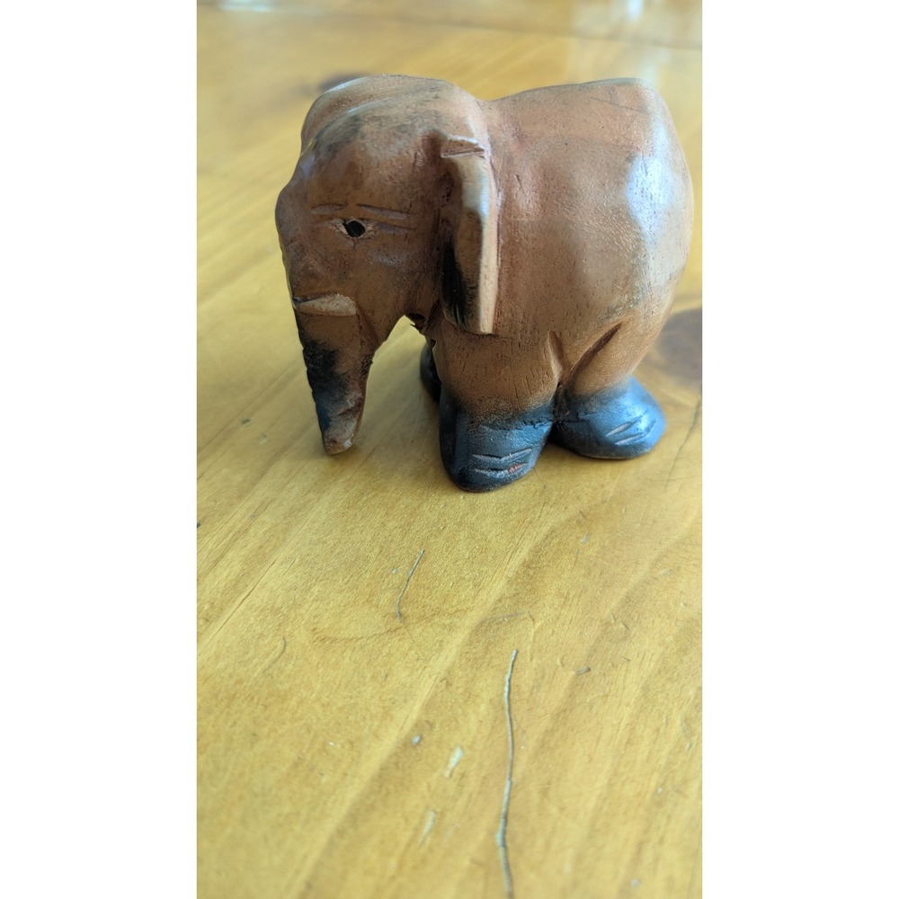 Hand Carved Wooden Elephant Figurine Small Brown Folk Art Animal Decor 3 inch